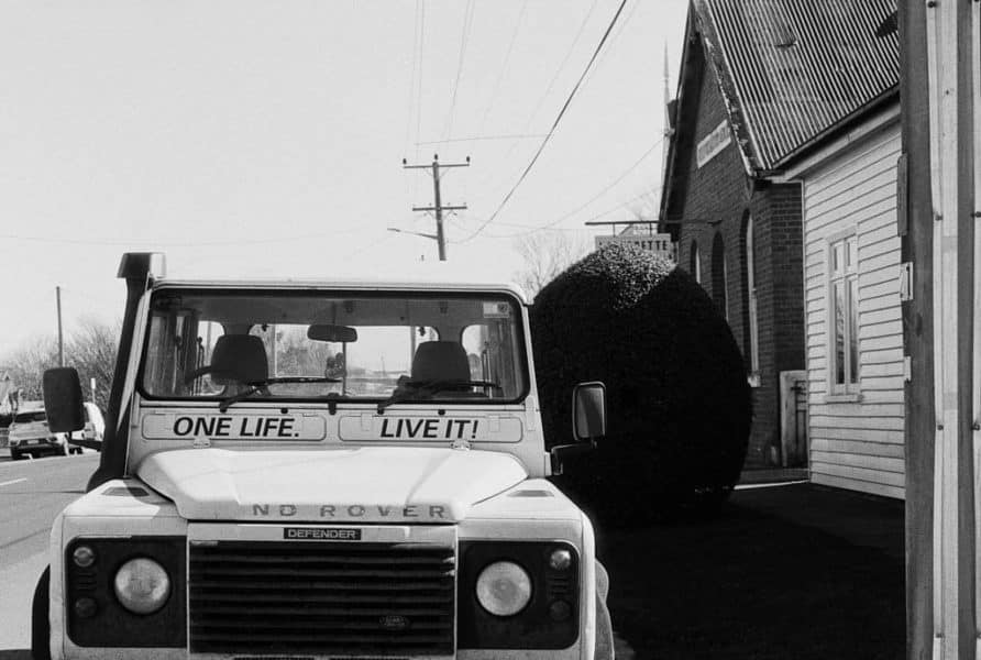 Live Life message on Land Rover Defender, Deloraine